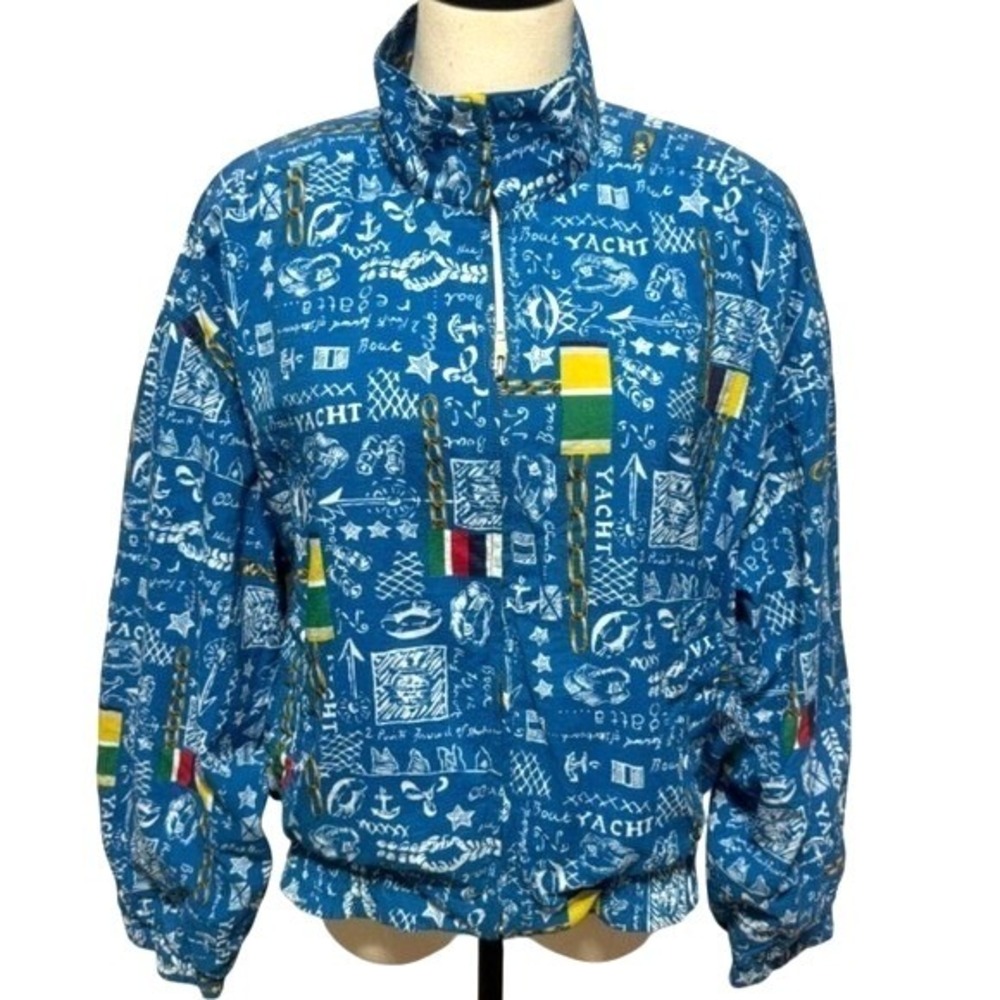 Lizsport Windbreaker Jacket Womens XL Blue Yacht Print Vintage Nautical 90s‎